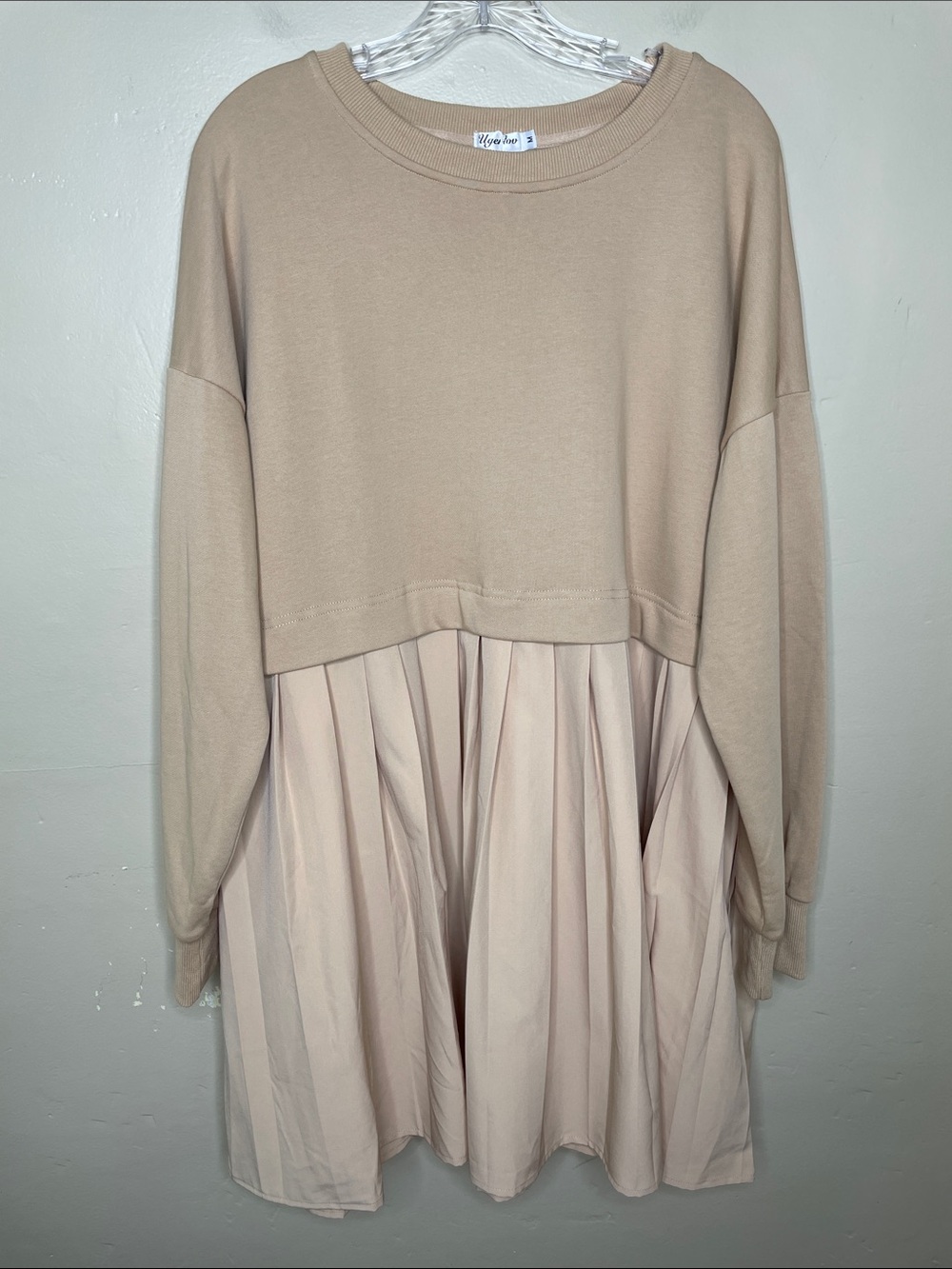 UGERLOV Tan Women’s Mixed Media Oversized Comfortable Sweatshirt Dress NWT Med